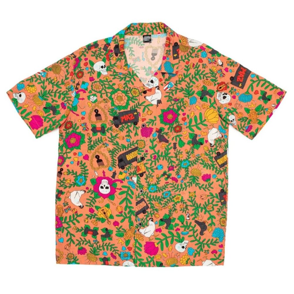 Roberto‎ Lugo All Gender Floral Skulls Trucks Printed Rayon Button Down Shirt M